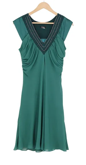 Orbis Emerald Green Beaded V-Neck Cocktail Dress Ruched Sleeveless Chiffon Knee thumbnail 1
