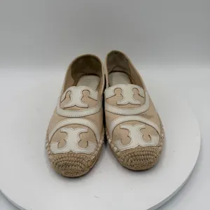 Tory Burch Poppy Espadrille Canvas Flats Beige White Logo 6M 41012 thumbnail 3
