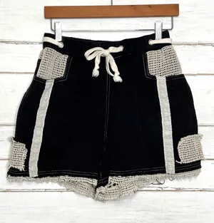 POL Black Cotton Crochet Trim Shorts Size Small Boho Drawstring Pockets thumbnail 1