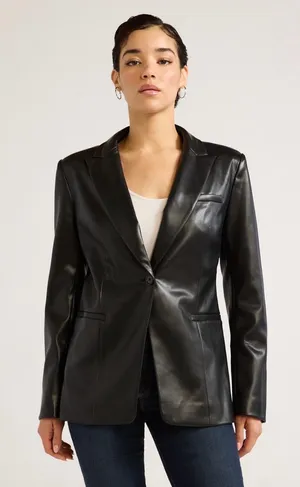 Windsor Black Vegan Leather Single-Button Blazer thumbnail 1