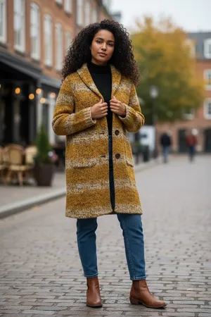 Anthropologie Tabitha Wool-Blend Longline Coat – Mustard & Grey Stripe, Size S thumbnail 4