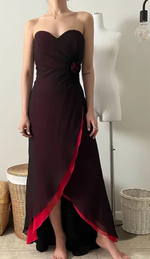 Vintage Cache Black Red Silk Strapless Tulip Hem Floral Beaded Accent Dress Sz10 thumbnail 1
