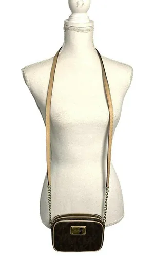 Michael Kors Jet Set Travel Crossbody Bag Brown MK Monogram Small Gold Chain Use thumbnail 1