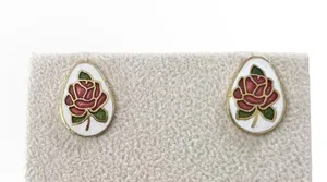 Vintage Red Rose Cloisonné Enamel Egg Shaped Pierced Earrings thumbnail 2