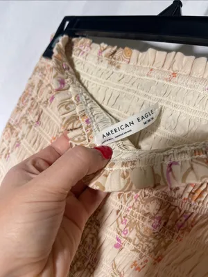 American Eagle Womens Boho Strapless Smocked Jumpsuit Wide Leg Medium Pink Cream thumbnail 4