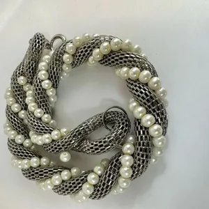 Silver tone and faux pearl mesh twisted choker necklace thumbnail 5