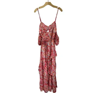 Lulus Posh Petals Red Floral Lurex Cold Shoulder Maxi Dress Size Large‎ Boho thumbnail 2