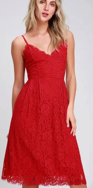Lulus Womens size XL Royal Treatment Red Lace Midi Skater Dress thumbnail 1