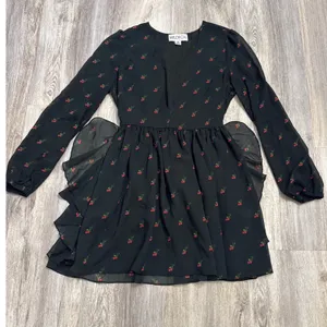 Wildfox Black‎ Rosebud Print Deep V-Neck Ruffle Mini Dress Long Sleeve Medium thumbnail 2