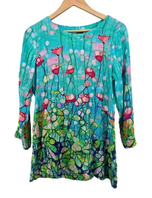Dolcezza Tunic Womens XS 22787 Simply Art Turquoise Poppy Floral Crinkle EUC thumbnail 1