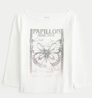 NWT Hollister Slash Neck White Butterfly Graphic Long Sleeve Tee thumbnail 1