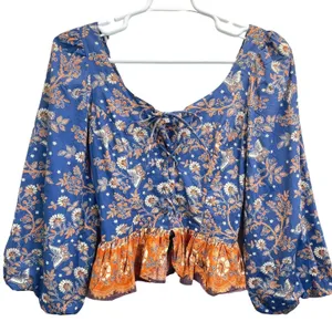 House of Harlow 1960 Peplum Top Women‎ S Blue Floral Lace-Up Boho Puff Sleeve thumbnail 2