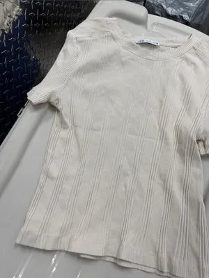 Zara Cream Ribbed Short Sleeve Top thumbnail 3