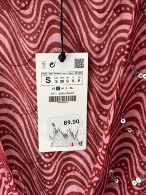 Zara Pink Sequins Beaded Swirl Printed Midi Dress Sheer Deep V Neck Tie Front thumbnail 6