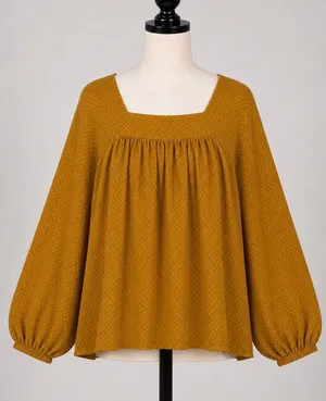 Universal Thread Mustard Yellow Square Neck Balloon Sleeve Textured Blouse Large thumbnail 1