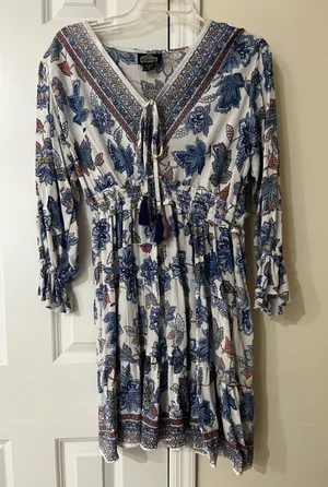 Angie White Boho Floral Long Sleeve Midi Dress with Blue & Rust Accents thumbnail 1