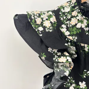 Sugarlips Black Emery Floral‎ Split Neck Ruffle Sleeve Cotton Top Medium Womens thumbnail 5