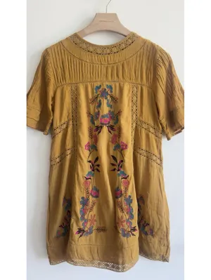 Free People Perfectly Victorian Dress S Mustard Embroidered Crochet Lace Boho thumbnail 3