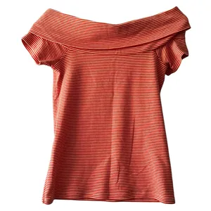 J. Crew Red Coral Striped Off-Shoulder Foldover Blouse Women's‎ XS Cotton Knit thumbnail 1