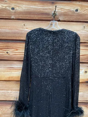 Mac Duggal Black XS Sequin Feather Trim Flare Leg V Neck Pants Jumpsuit thumbnail 9
