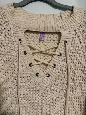 Francesca's Collections Lace-Up Waffle Knit Sweater in Beige thumbnail 3