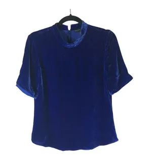 Eileen Fisher Womens Velvet Royal Blue Top XXS Rayon/Silk Mock Neck Short Sleeve thumbnail 1