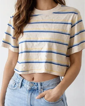 Sezane Short Sleeve Striped Cropped Boxy Tee Shirt Cream Blue XS thumbnail 1
