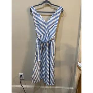Kate‎ Spade Deck Blue White Stripe Linen Blend V Neck Midi Dress Size 6 Belted! thumbnail 4
