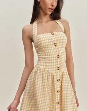 Camila Coelho Yellow Gingham Halter Sun Dress Sz LRG NWT thumbnail 1