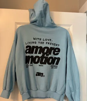 Women Blue Pacific Republic hoodie with black writing. Size M #amoremotion thumbnail 1