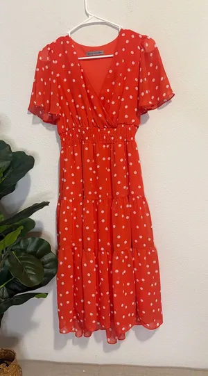 Polka Dot Tiered Midi Dress - coral Red 4 thumbnail 1