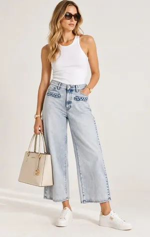 NWT Michael Kors Selma High Rise Crop Wide Leg Jeans Light Wash Size 10 thumbnail 1