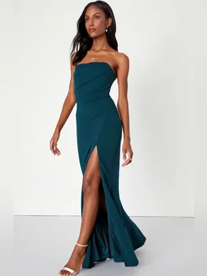 Lulus NWT Women Medium Emerald Green Strapless Pleated Maxi Gown Dress thumbnail 2