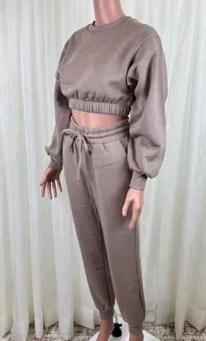 Zenana 2 Pcs Crop Sweatshirt Tracksuit Jogger Pants Set Outfit Active Loungewear Beige Size L thumbnail 4