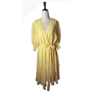 Maison Tara Midi Dress Women 14 Yellow Clip Dot Faux Wrap Puff Sleeve Boho thumbnail 2