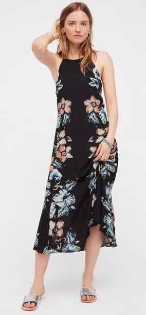 Free People Back To You Side Cut-Out Halter Midi Floral Dress Black Size Medium thumbnail 1