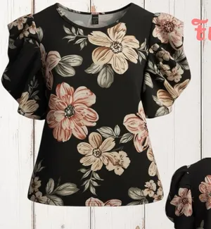 Floral Puff Sleeved Blouse Black Size M thumbnail 1