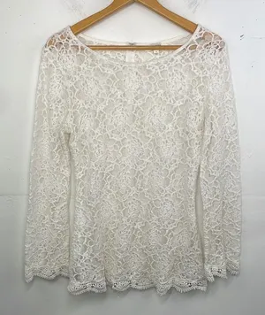Umgee Lace Top Womens Scalloped Hem Boho Top Size Small Ivory White thumbnail 1