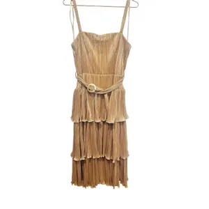 MAC DUGGAL Gold Metallic Plissé Square Neck Pleated Ruffle Belt Detail Dress 8 thumbnail 2