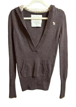 Rare Vintage Abercrombie & Fitch Brown V-Neck Hoodie Sweater Angora‎ Blend XL thumbnail 1