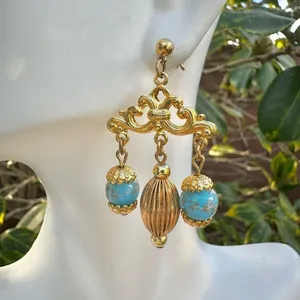 Gold tone and blue beaded vintage earrings thumbnail 3