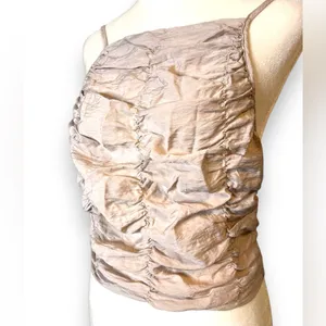 Zara Ruched Halter Crop Top Light Tan Brown Smocked Draped Size S thumbnail 4