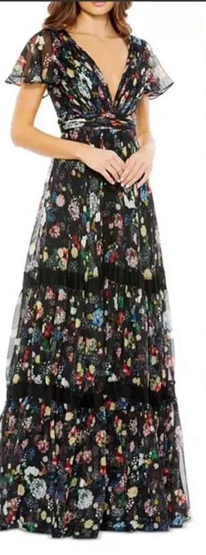 Mac Duggal Size 0 Black Floral Plunge V Neck Lace Maxi Long Formal Gown Dress thumbnail 1