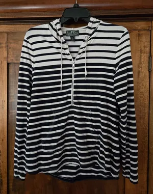 Lauren Ralph Lauren Womens Navy and White Striped Hoodie Shirt Large thumbnail 1