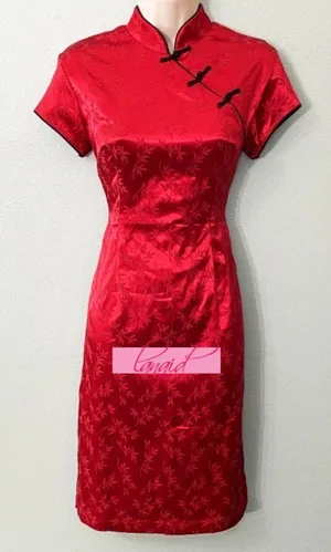 Asian Chinese Oriental Japanese Red Satin Stretchy Mandarin Short Sleeve Dress S thumbnail 1