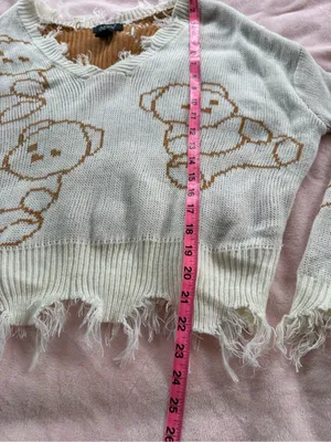 Just Polly White Kawaii Distressed Teddy Bear Sweater Soft Grunge Small thumbnail 5