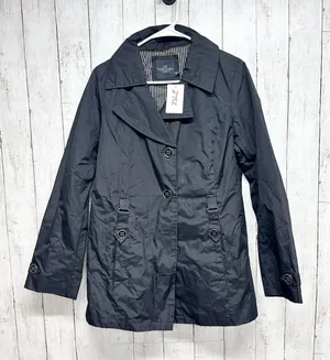 Faded Glory Jacket‎ Women Sz Medium Black Collared Button Front Rain Trench Coat thumbnail 1