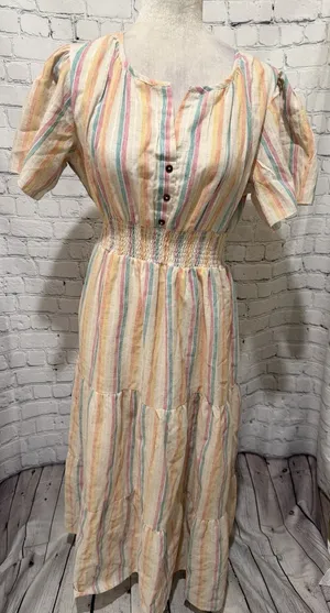 Dress Naoo Women’s Button Front Blue Striped Short Sleeves Maxi Dress Size XL thumbnail 1
