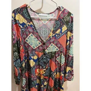 Ces femme Women Small Artsy Folksy Bohemian Patchwork Colorful Fall Chic Dress thumbnail 5