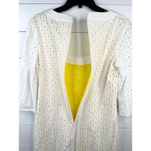 Trina Turk White Eyelet Bell Sleeve A-Line Dress Size 8 Yellow Lining Cotton thumbnail 9